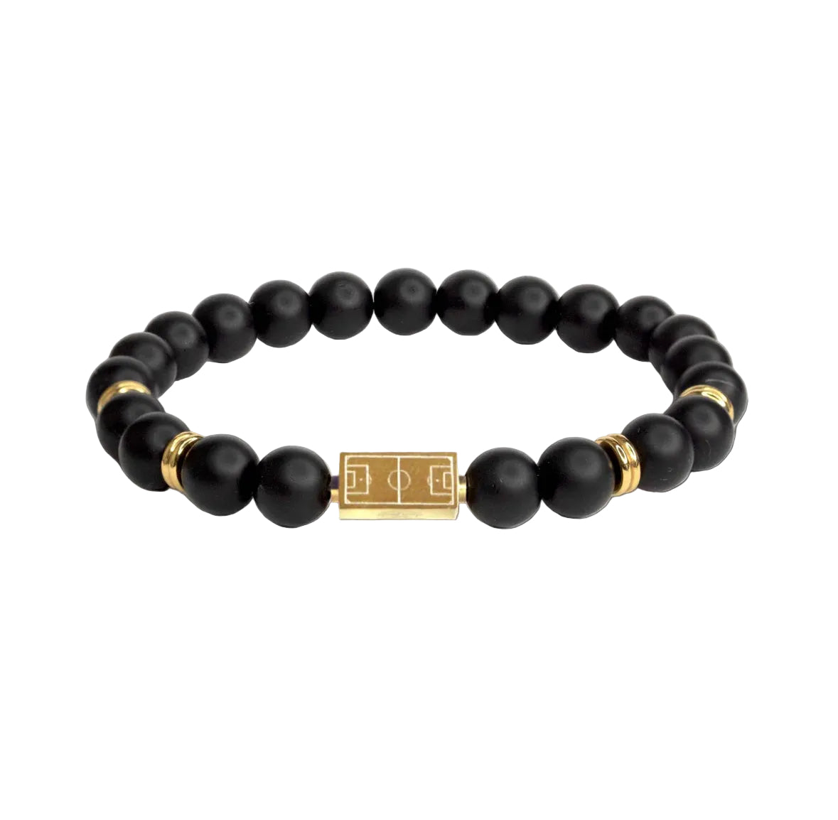 Black soccer field beaded bracelet with gold accents on a white background