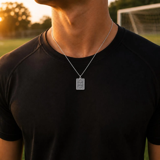 Silver Soccer Field Necklace worn with a black training top on a football pitch