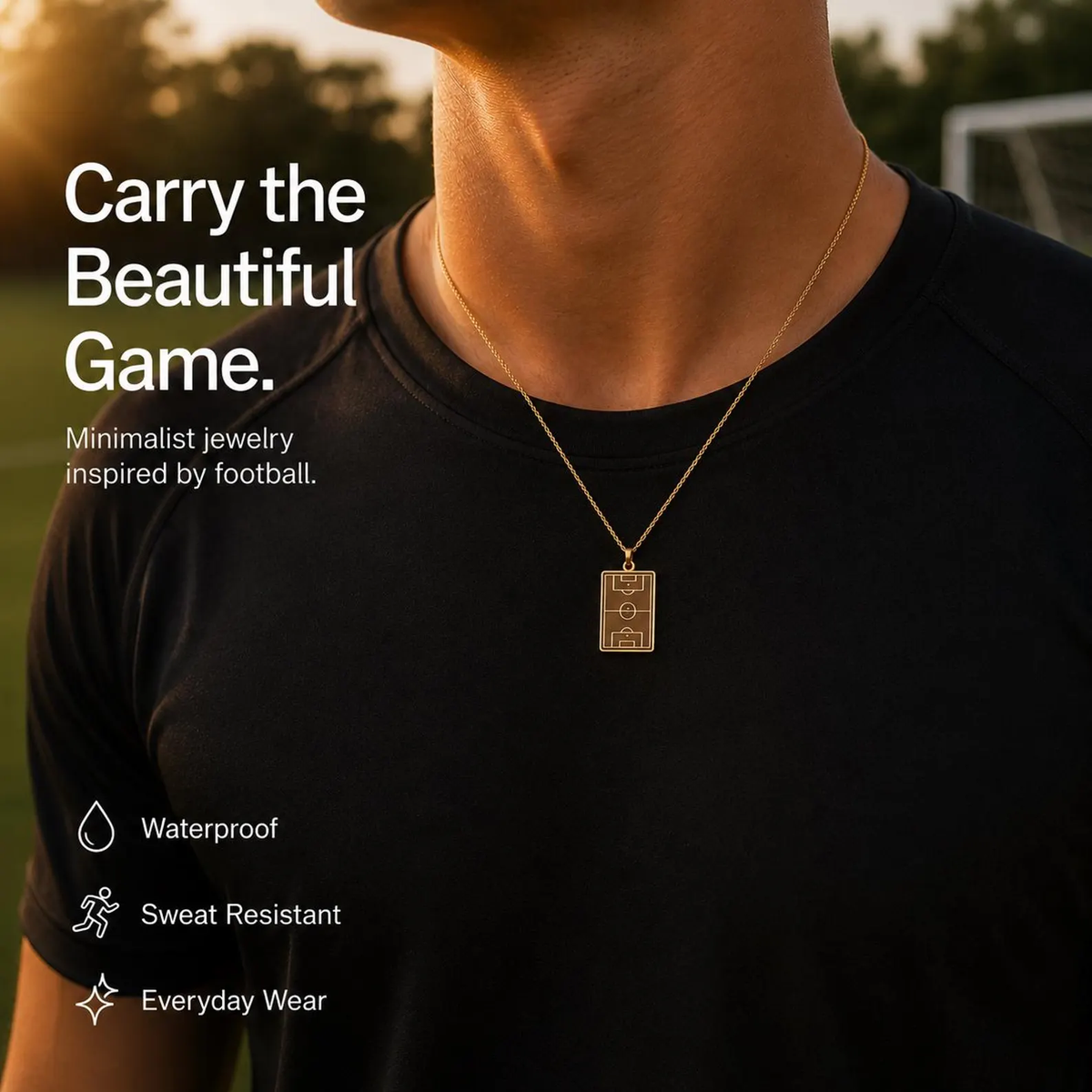 Gold soccer pendant worn on the pitch - minimalist jewellery inspired by football