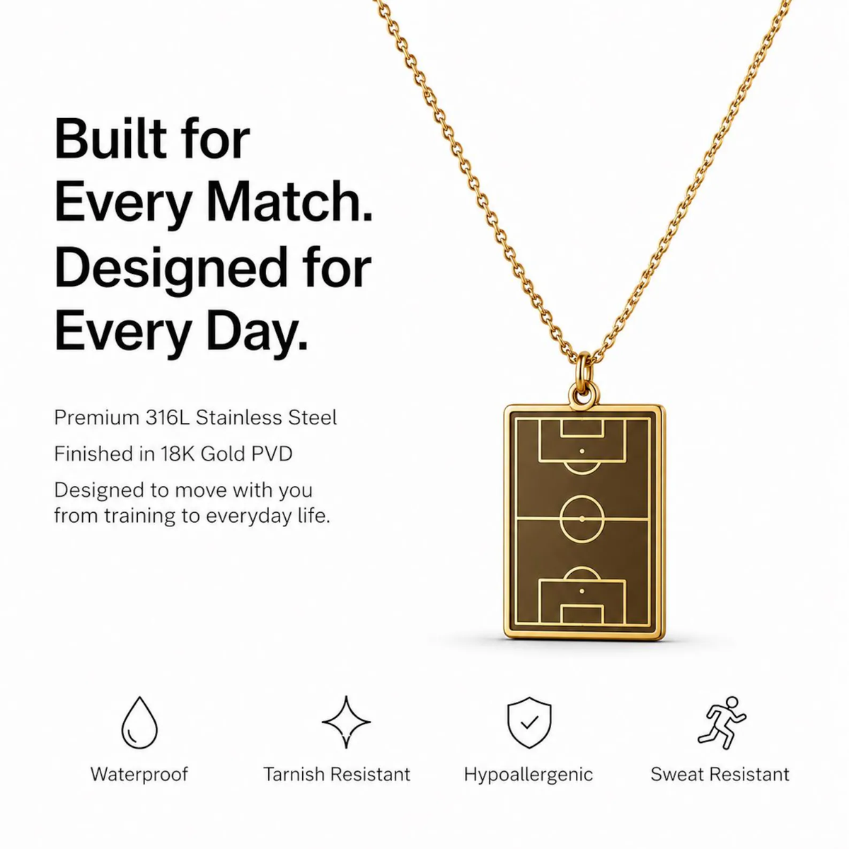 Premium 316L stainless steel finished in 18K gold PVD - waterproof, tarnish resistant, hypoallergenic, sweat resistant
