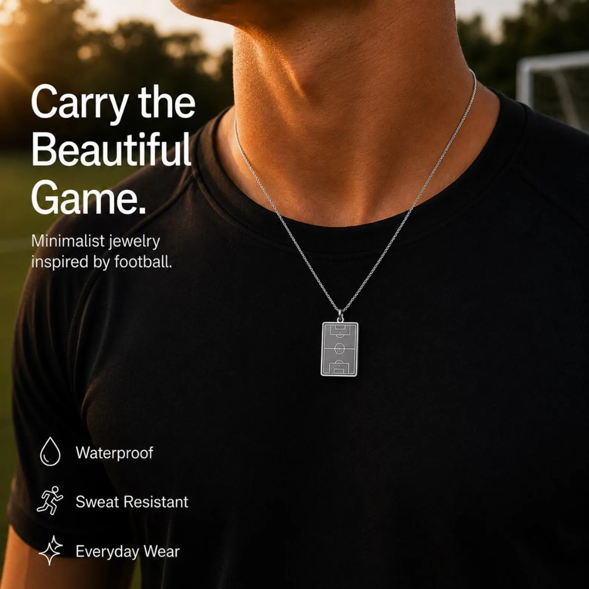Silver soccer pendant worn on the pitch - minimalist jewellery inspired by football