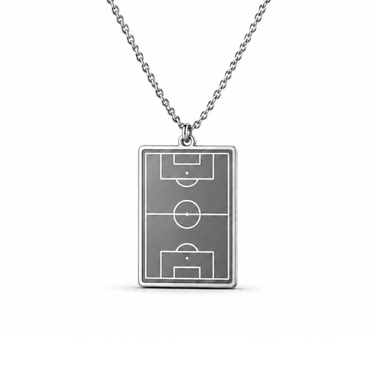 Soccer Field Necklace in polished stainless steel, front view